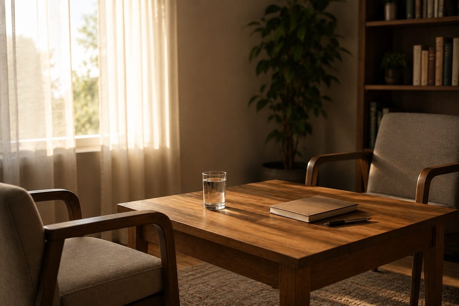 A quiet consultation room at sunrise, two chairs facing each other across a wooden table with a notebook and a glass of water