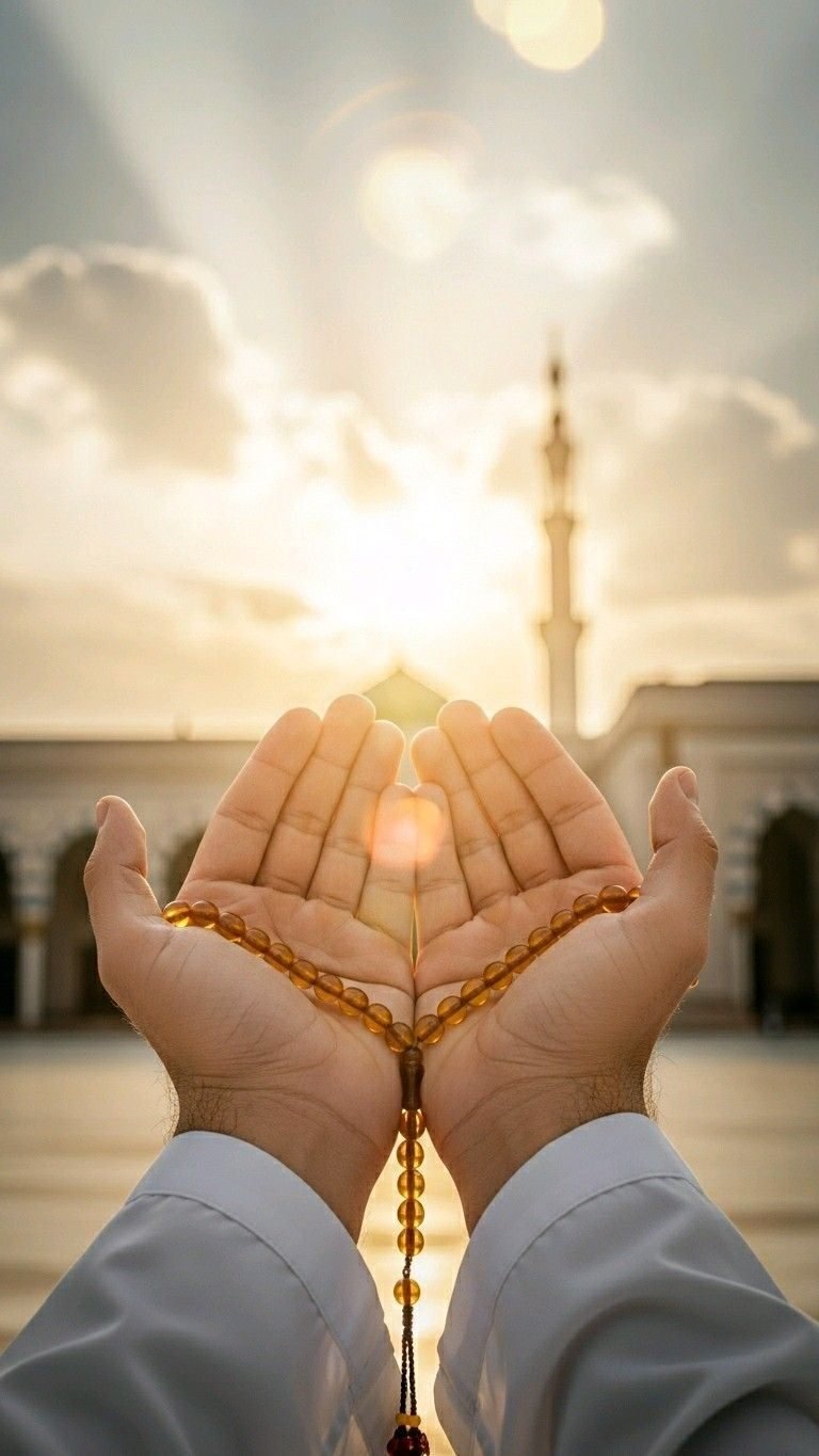 Open hands raised in dua holding amber prayer beads, with a mosque minaret at sunrise behind
