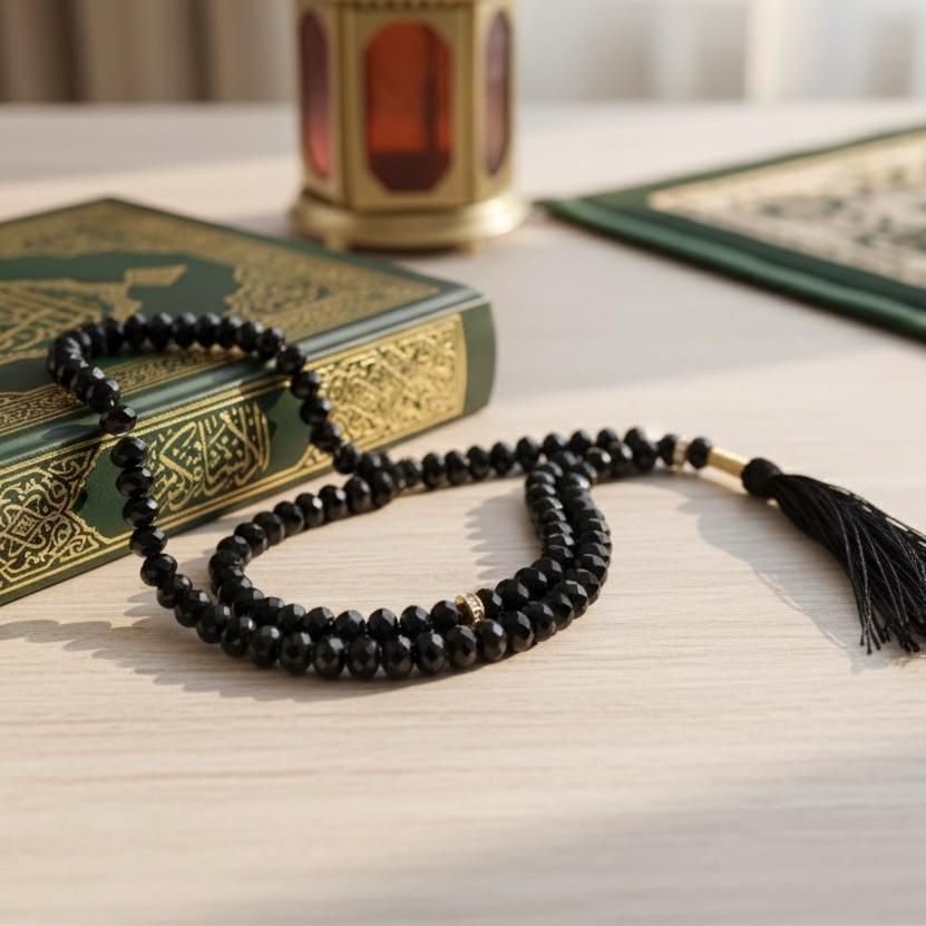 Black prayer beads resting beside a green and gold Quran on a light wooden table